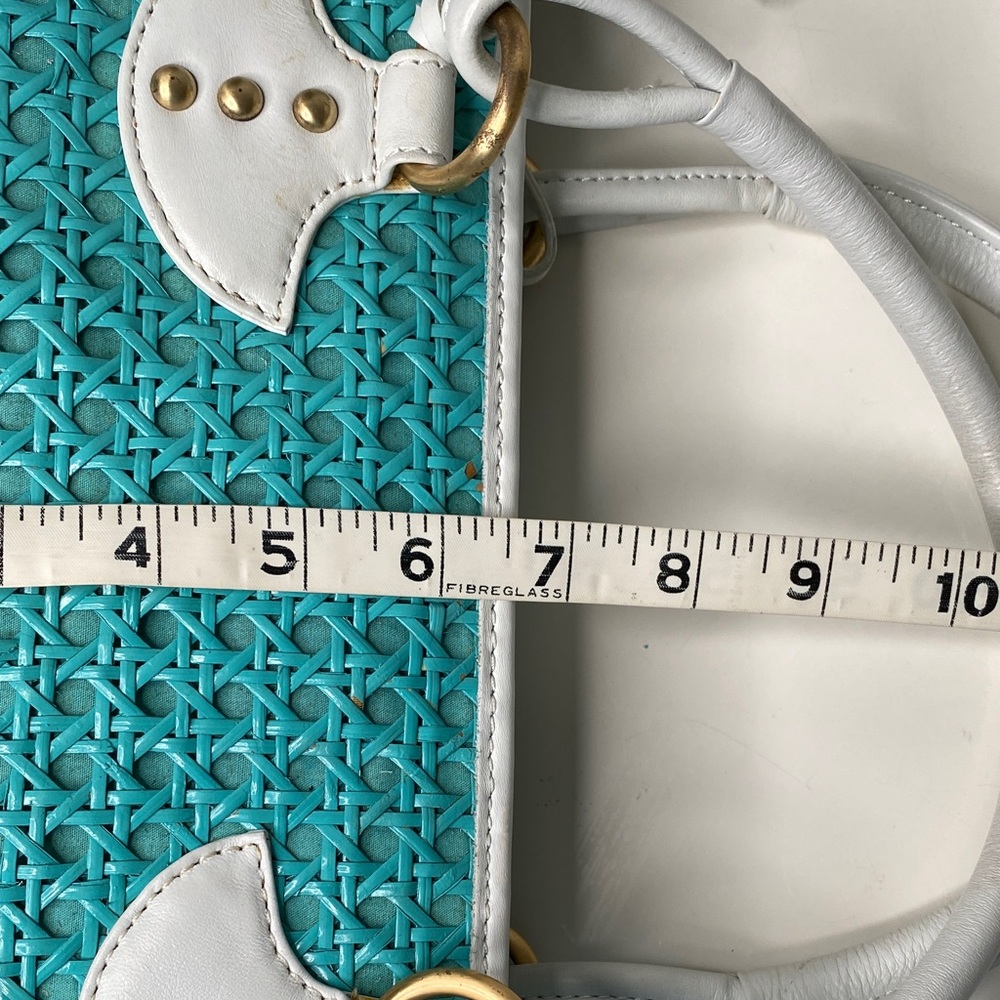 Inge Trapezoid Shoulder Bag Satchel in Turquoise Cane, White Trim, Linen Lining - Picture 14 of 15